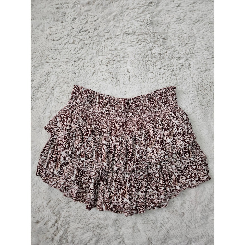 Streetwear Society Burgundy White Floral Paisley Smocked Ruffle Skort Size XL